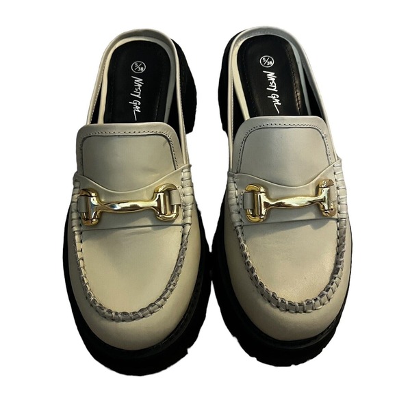 Nasty Gal Shoes - Nasty Gal Womens Beige Leather Chunky Backless Loafers, Size 38 (EU), 8 (US)